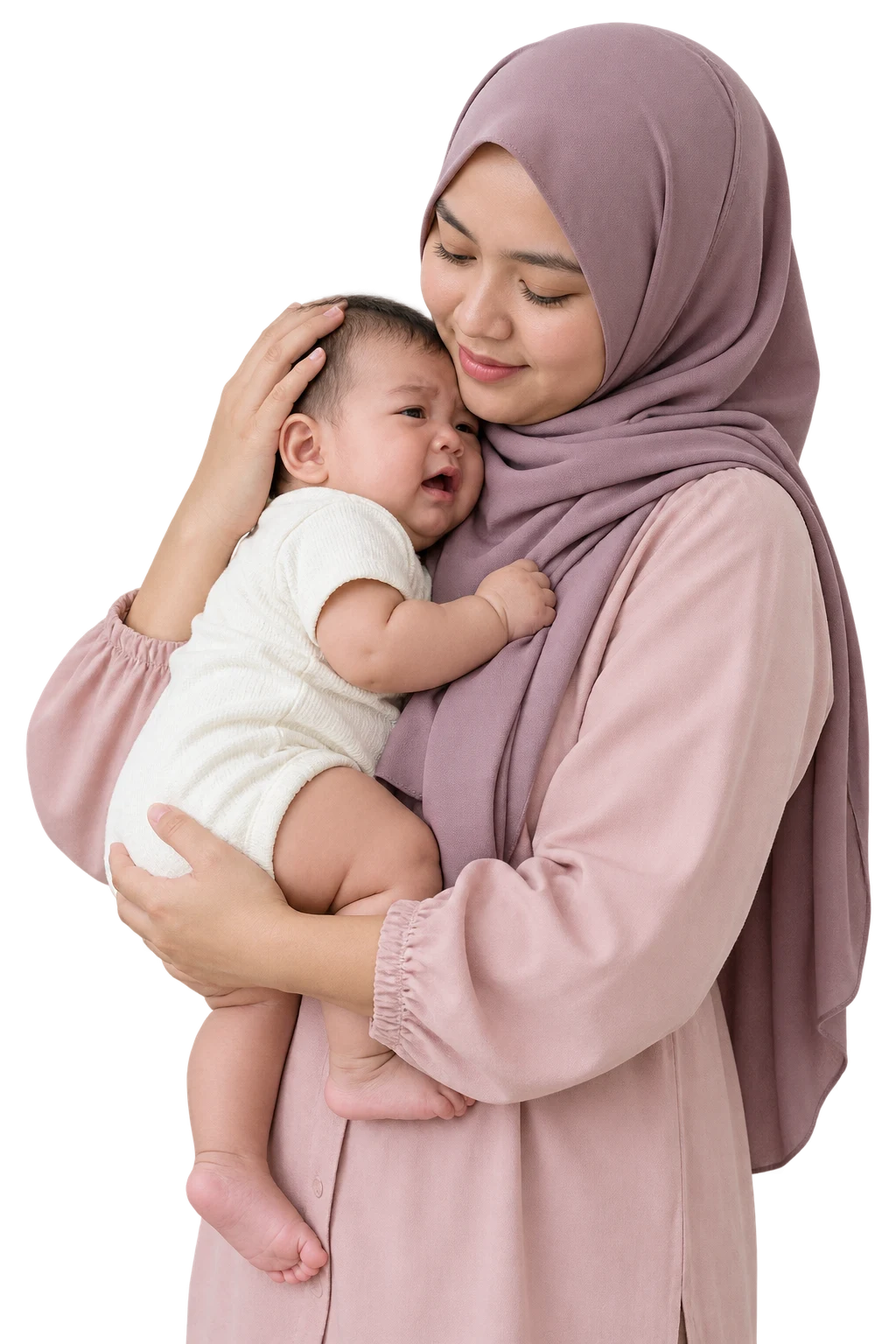Ilustrasi ibu memegang bayi yang sedang meragam dengan penuh empati